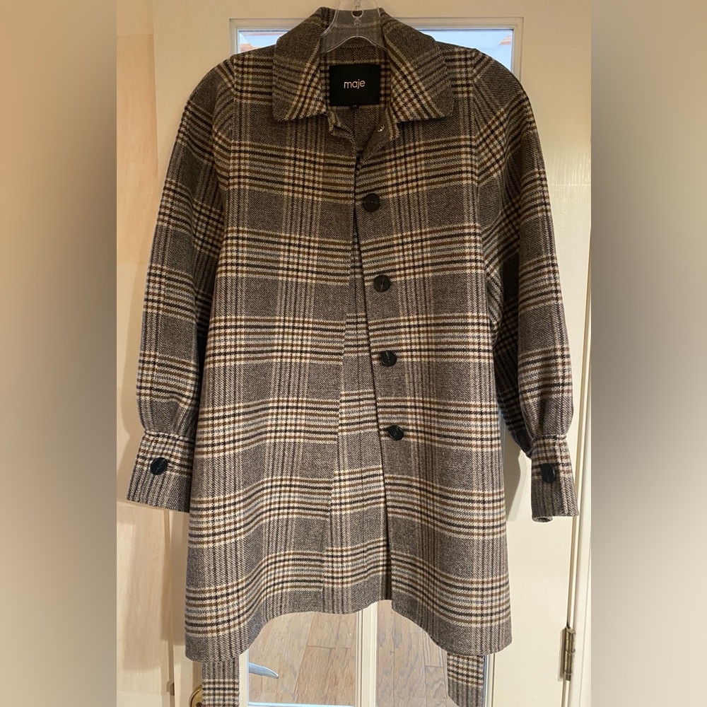 MAJE- Plaid Wool-Blend Button Coat in Brown and Cream